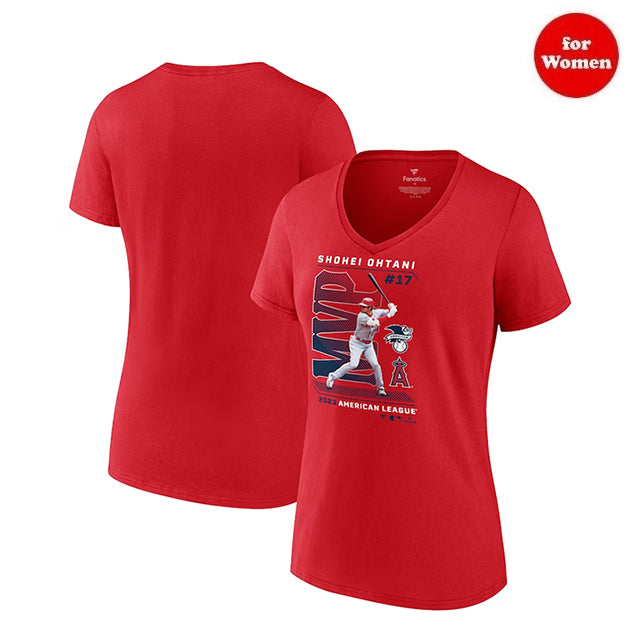 海外取寄 女性用 大谷翔平ア・リーグMVP記念モデル ロサンゼルス エンゼルス Tシャツ WOMEN'S 2023 AL MVP V-NECK T-SHIRT RED LOS ANGELES ANGELS