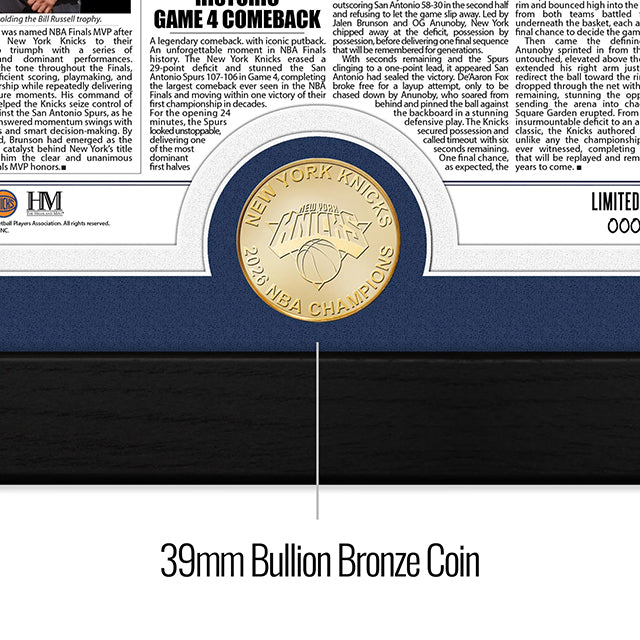 53年振りNBAファイナル優勝 ニューヨーク ニックス 海外取寄 額入りコラージュフレーム 2026 NBA CHAMPIONS FRONT PAGE NEWS BRONZE COIN PHOTO MINT