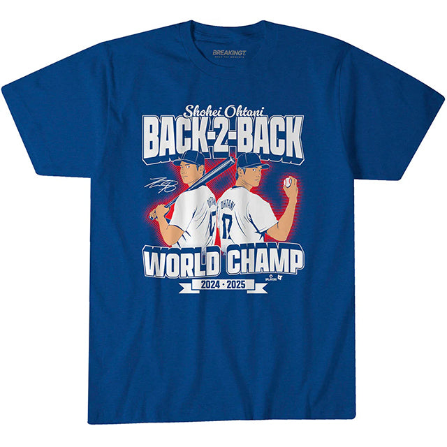 大谷翔平モデル 海外取寄 ロサンゼルス ドジャース Tシャツ BACK-TO-BACK WORLD CHAMPS T-SHIRT ROYAL BLUE
