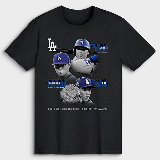 大谷翔平・山本由伸・佐々木朗希モデル 海外取寄 Tシャツ 2025 WORLD SERIES CHAMPIONS HISTORIC PERFORMANCES T-SHIRT