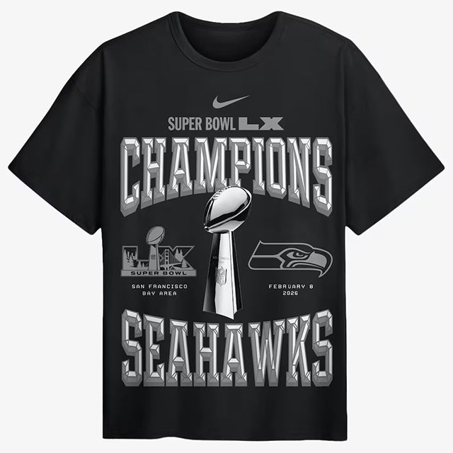 第60回スーパーボウル優勝記念 海外取寄 ナイキ シアトル シーホークス NFL SUPER BOWL LX CHAMPIONS LOCKER ROOM TROPHY COLLECTION T-SHIRT BLACK