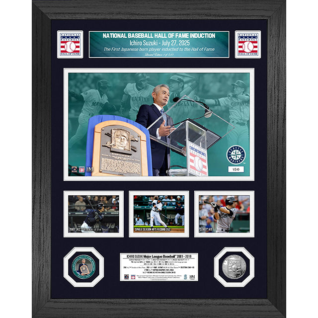 イチロー HALL OF FAMEモデル 海外取寄 額入りコラージュフレーム シアトル マリナーズ HIGHLAND MINT 2025 BASEBALL HOF INDUCTION SILVER COIN MARQUEE PHOTO MINT