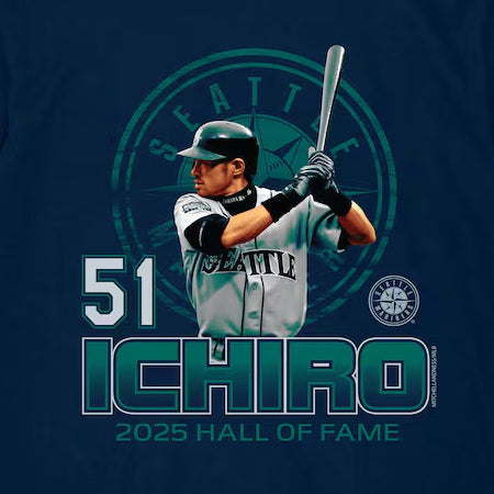 イチロー選手モデル 海外取寄 ミッチェルアンドネス Tシャツ シアトル マリナーズ 2025 HALL OF FAME HITTER T-SHIRT NAVY