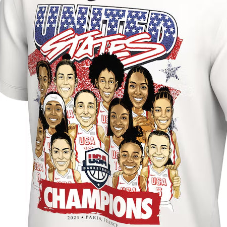海外取寄 Tシャツ 女子バスケ USA代表 Tシャツ 2024 SUMMER OLYMPICS GOLD MEDAL TEAM CARICATUTE T-SHIRT WHITE