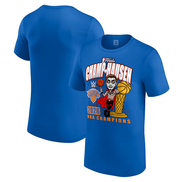 ダンハウゼンモデル 海外取寄 WWE AUTHENTIC Tシャツ NEW YORK KNICKS 2026 NBA FINALS CHAMPIONS T-SHIRT BLUE