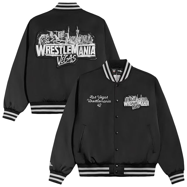 海外取寄 レッスルマニア42モデル WWE ジャケット WRESTLEMANIA 42 VEGAS FULL-SNAP QUILTED SATIN JACKET BLACK