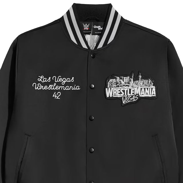 海外取寄 レッスルマニア42モデル WWE ジャケット WRESTLEMANIA 42 VEGAS FULL-SNAP QUILTED SATIN JACKET BLACK