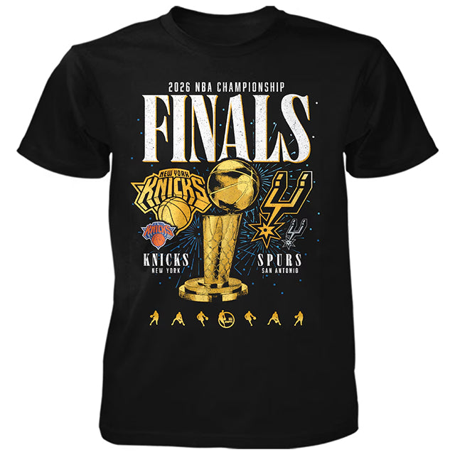 NBAファイナルモデル 海外取寄 サンアントニオ スパーズ vs ニューヨーク ニックス Tシャツ 2026 NBA FINALS MATCHUP TROPHY T-SHIRT BLACK
