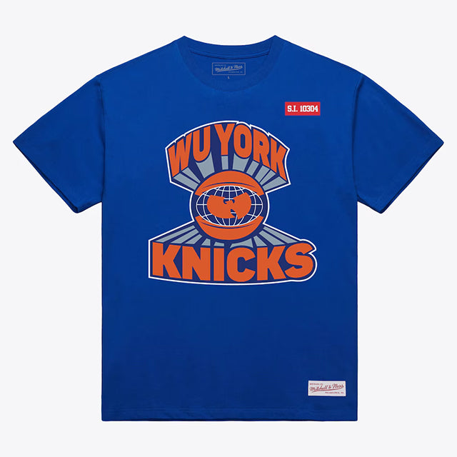 海外取寄 ニューヨーク ニックス × ウータンクラン × ミッチェルアンドネス Tシャツ WU YORK T-SHIRT BLUE