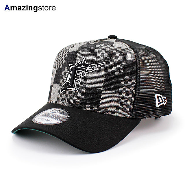 ニューエラ メッシュキャップ 9FORTY フロリダ マーリンズ MLB A-FRAME DENIM BLACK PATTERN COOPERSTOWN MESH CAP