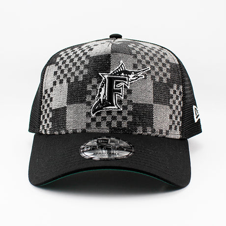 ニューエラ メッシュキャップ 9FORTY フロリダ マーリンズ MLB A-FRAME DENIM BLACK PATTERN COOPERSTOWN MESH CAP