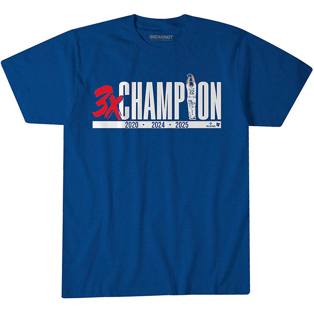 クレイトン カーショウモデル 海外取寄 ロサンゼルス ドジャース Tシャツ THREE TIME CHAMPION T-SHIRT ROYAL BLUE