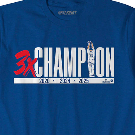 クレイトン カーショウモデル 海外取寄 ロサンゼルス ドジャース Tシャツ THREE TIME CHAMPION T-SHIRT ROYAL BLUE