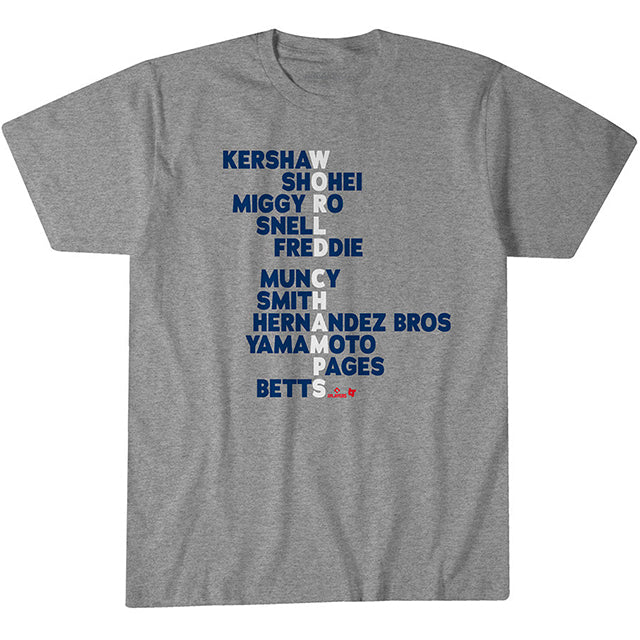 海外取寄 ロサンゼルス ドジャース Tシャツ WORLD CHAMPS ACROSTIC T-SHIRT GREY