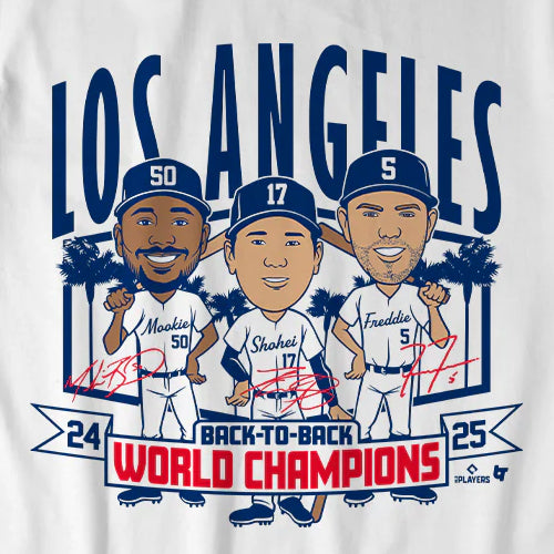 大谷翔平・ムーキー ベッツ・フレディ フリーマンモデル 海外取寄 ロサンゼルス ドジャース Tシャツ BACK-TO-BACK WORLD CHAMPS CARICATURES T-SHIRT