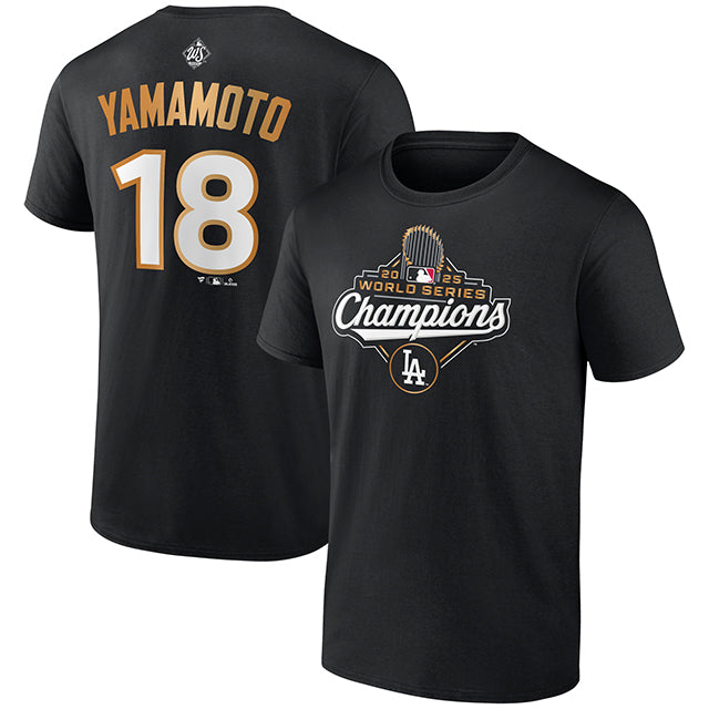 山本由伸モデル 2025 ワールドシリーズチャンピオン Tシャツ ロサンゼルス ドジャース MLB 2025 WORLD SERIES CHAMPIONS NAME &NUMBER T-SHIRT BLACK