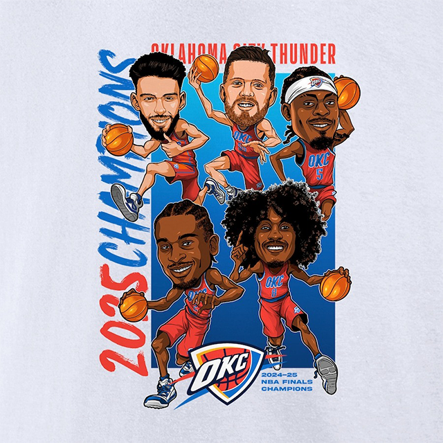 海外取寄 Tシャツ オクラホマシティ サンダー 2025 NBA FINALS CHAMPIONS CARICATURE FULL COURT T-SHIRT WHITE