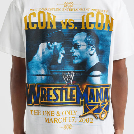 ザ ロック vs ハルク ホーガンモデル 海外取寄 ID サプライ WWE Tシャツ WRESTLE MANIA X8 ICON VS ICON BOXY T-SHIRT WHITE