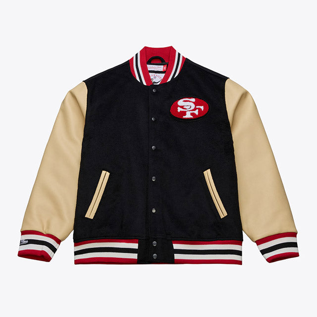 海外取寄 ミッチェル&ネス スタジアムジャケット サンフランシスコ 49ERS NFL TEAM TRADITIONS VARSITY FULL-SNAP JACKET BLACK-TAN