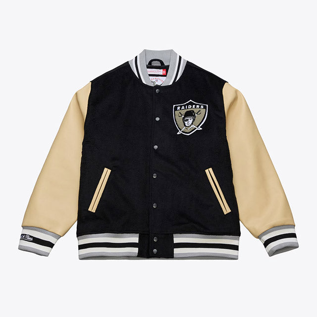 海外取寄 ミッチェル&ネス スタジアムジャケット ラスベガス レイダース NFL TEAM TRADITIONS VARSITY FULL-SNAP JACKET BLACK-TAN