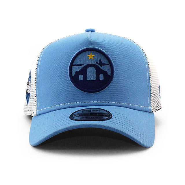 ニューエラ メッシュキャップ 9FORTY ナスカー サンディエゴ ウィークエンド RACE THE BASE A-FRAME TRUCKER MESH CAP LT BLUE