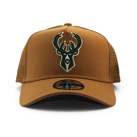 ニューエラ メッシュキャップ 9FORTY ミルウォーキー バックス NBA A-FRAME TRUCKER MESH CAP TAN