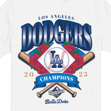 海外取寄 ニューエラ Tシャツ ロサンゼルス ドジャース ベラ ドーニャ 2025 WORLD SERIES CHAMPIONS ROSES T-SHIRT WHITE