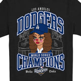 海外取寄 ニューエラ Tシャツ ロサンゼルス ドジャース ベラ ドーニャ 2025 WORLD SERIES CHAMPIONS CLOWN ICON T-SHIRT BLACK