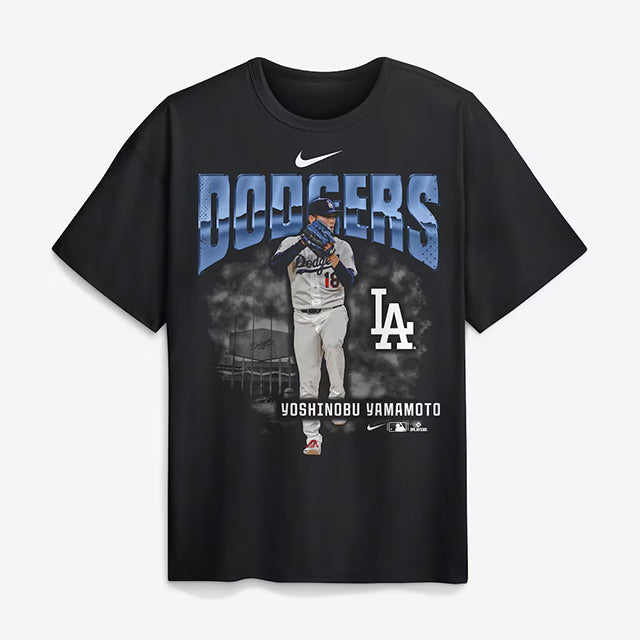 山本由伸モデル 海外取寄 ナイキ Tシャツ ロサンゼルス ドジャース ENLARGED PLAYER GRAPHIC MAX90 HEEAVYWEIGHT T-SHIRT BLACK