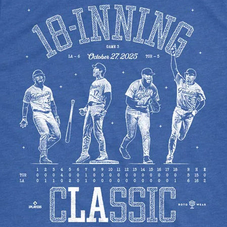 大谷翔平・フレディ フリーマン・テオスカー ヘルナンデス・ウィル クラインモデル 海外取寄 Tシャツ 18-INNING CLASSIC T-SHIRT