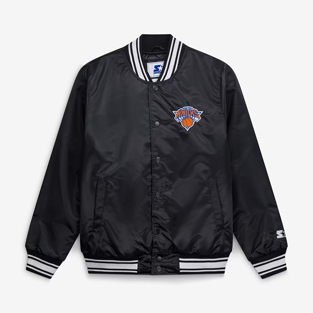 海外取寄 スターター ジャケット ニューヨーク ニックス FINAL BUZZER SATIN VARSITY FULL-SNAP JACKET BLACK