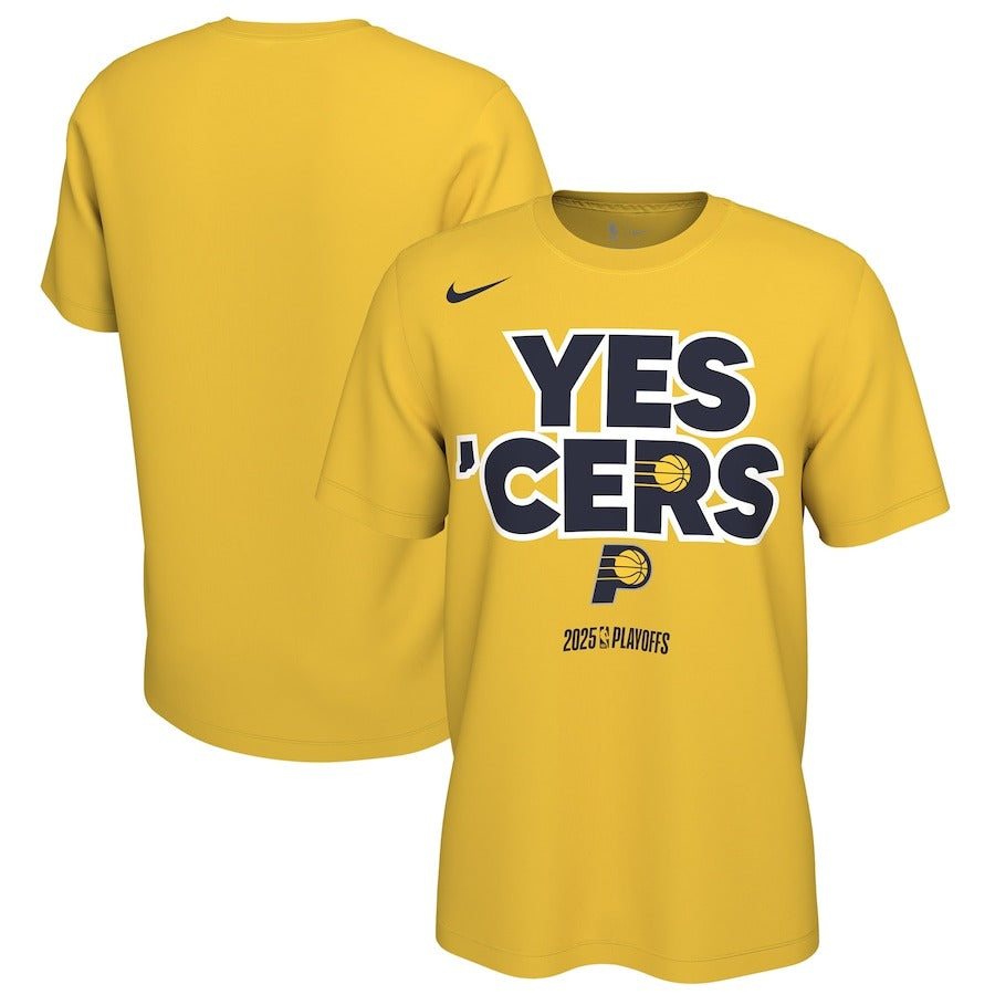 海外取寄 NIKE Tシャツ インディアナ ペイサーズ 2025 NBA PLAYOFFS POST ON COURT MANTRA T-SHIRT GOLD