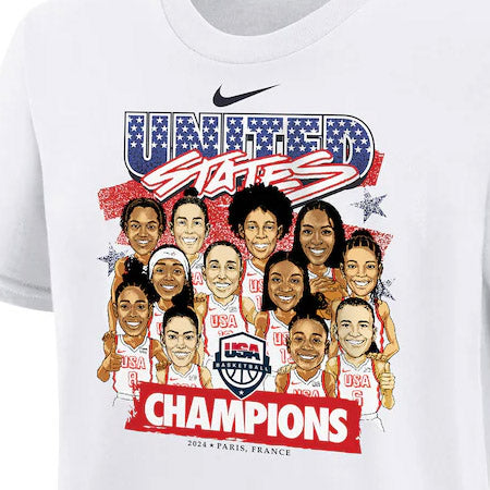 子供用 海外取寄 Tシャツ 女子バスケ USA代表 Tシャツ YOUTH 2024 SUMMER OLYMPICS GOLD MEDAL TEAM CARICATUTE T-SHIRT WHITE