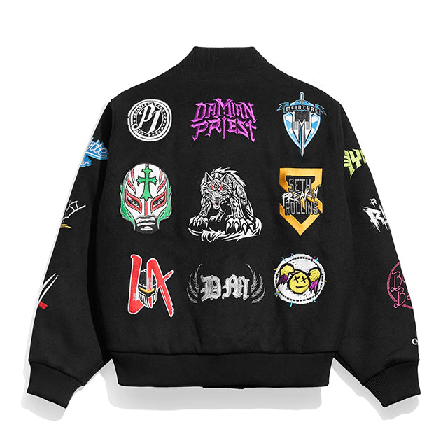海外取寄 WWE ジャケット WWE SUPERSTAR LOGOS VARSITY JACKET BLACK