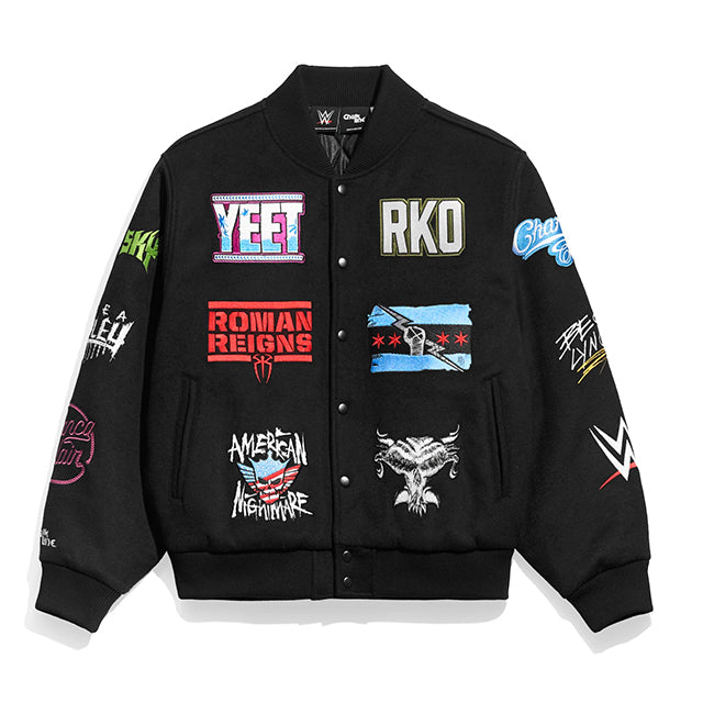 海外取寄 WWE ジャケット WWE SUPERSTAR LOGOS VARSITY JACKET BLACK