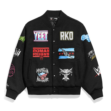 海外取寄 WWE ジャケット WWE SUPERSTAR LOGOS VARSITY JACKET BLACK